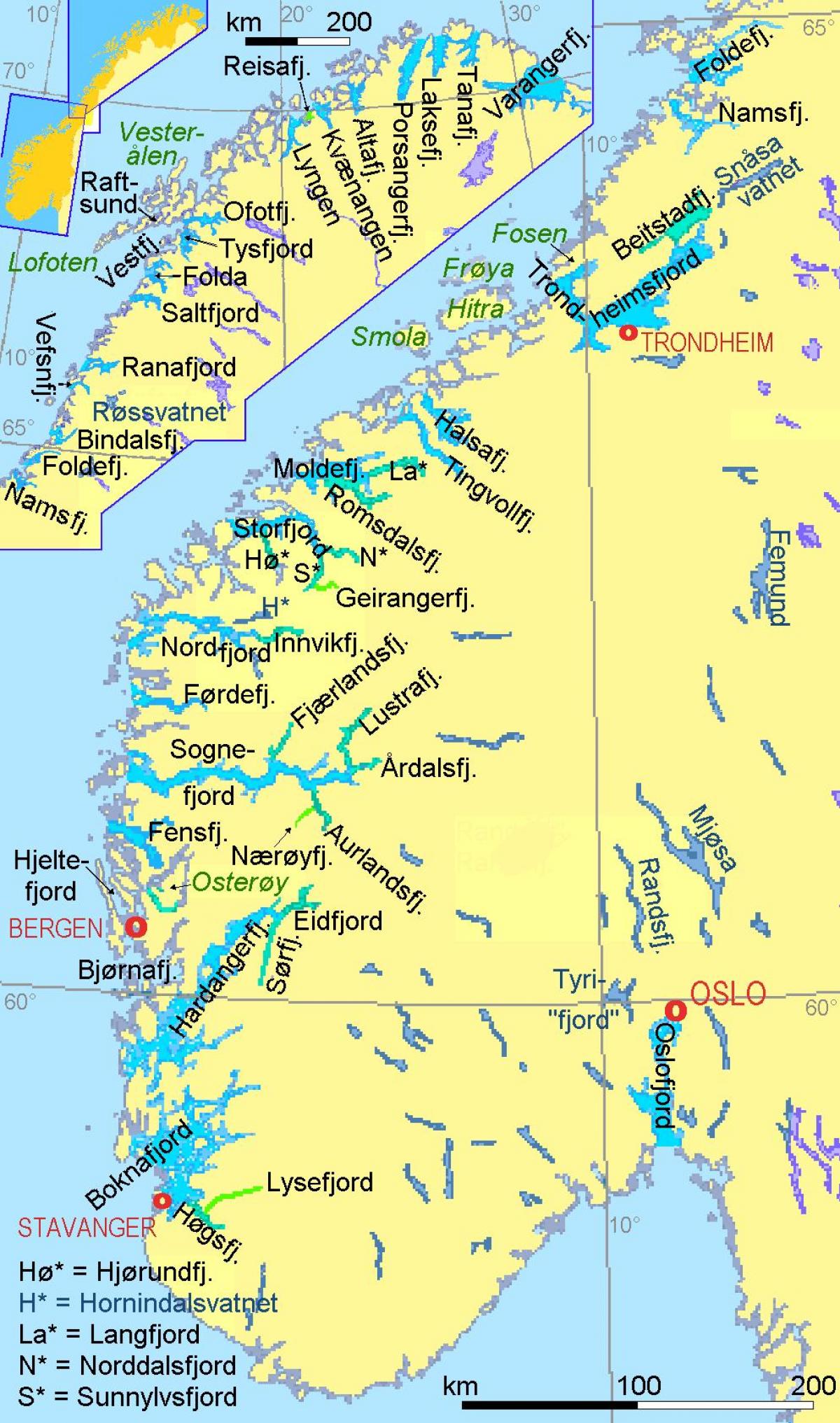 რუკა ნორვეგია აჩვენებს fjords